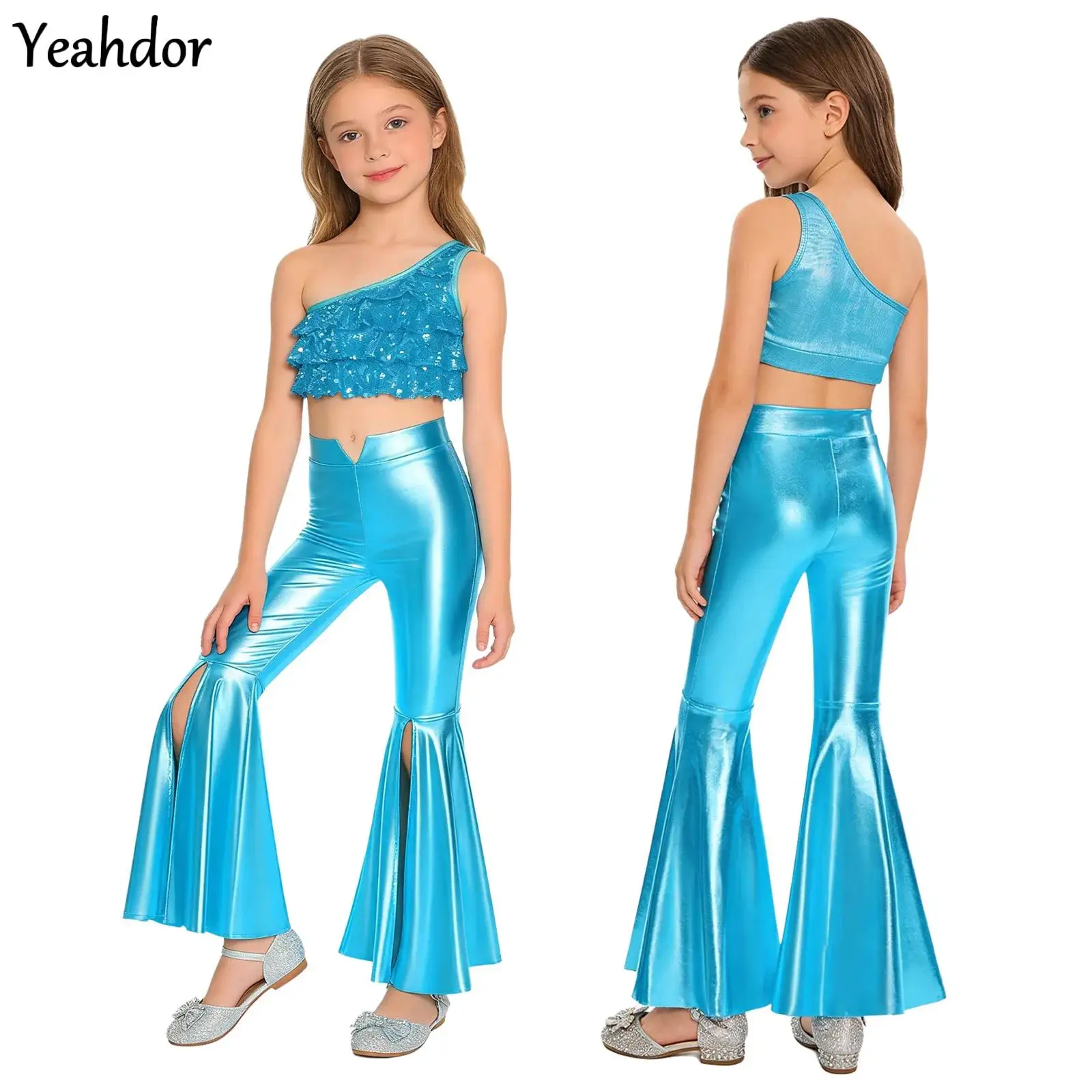

Girls 70S Disco Hippie Costume Metallic Jazz Dance Outfits One Shoulder Sleeve Sequins Crop Top with Split Bell-Bottom Pants Set