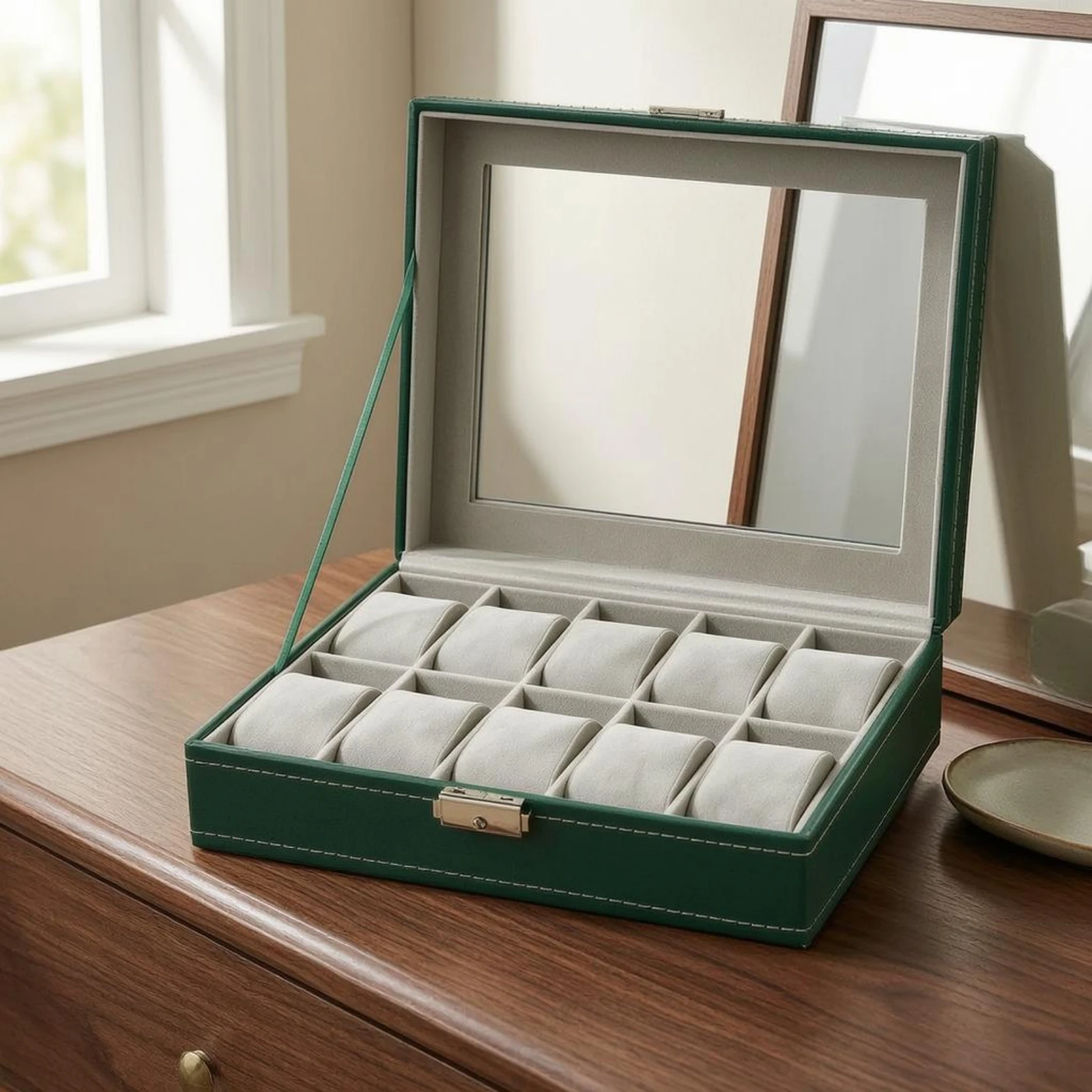 10 Slot Watch Box Soft Soft Lining 10-Slot Watch Case Accessory Storage Leather-Look Finish Transparent Lid