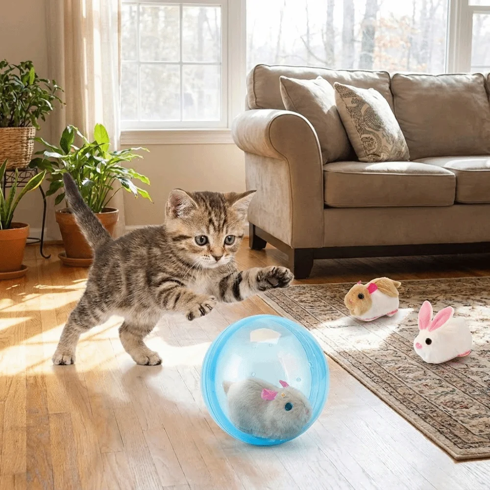 

Transparent Cat Chasing Ball Realistic Rabbit Plastic Hamster Chasing Ball Built-in Plush Animal Cat Exercise Toys Playing