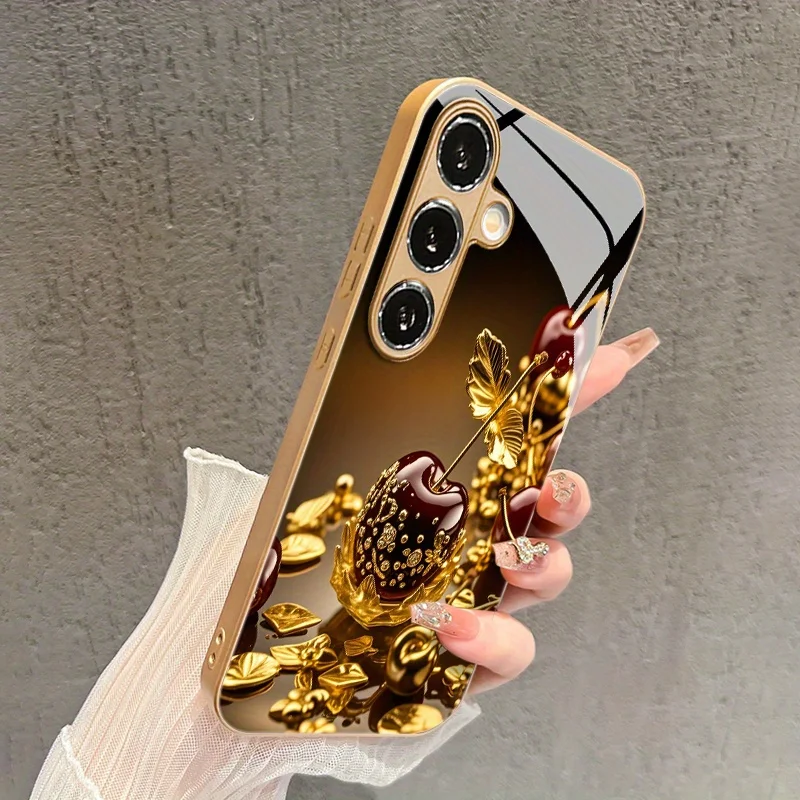 Fashionable cherry-patterned electroplated glass phone case, suitable for Samsung S26/S25, S24/S23/S22/S21/S20, etc. models