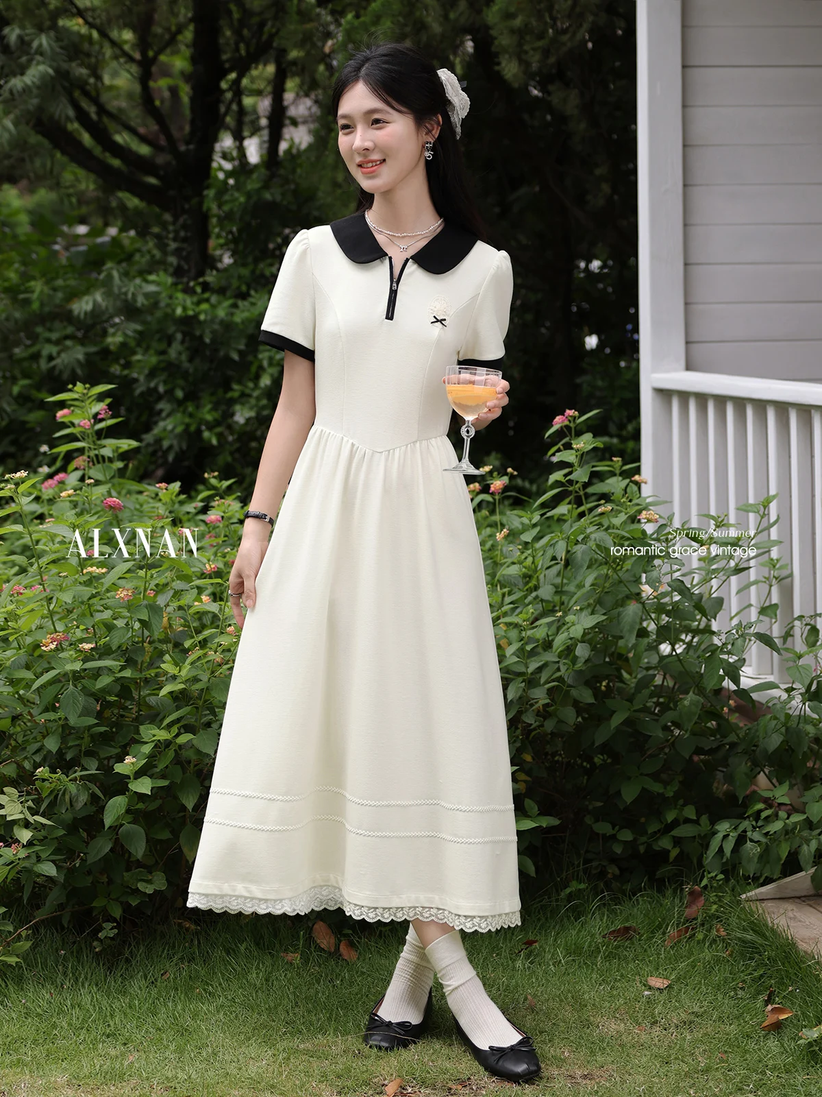 

ALXNAN Women's Long Dress Lapel Apricot Elegant Square Neck Dress 2025 Summer Casual Office Lady Short Sleeve Clothes New L56113
