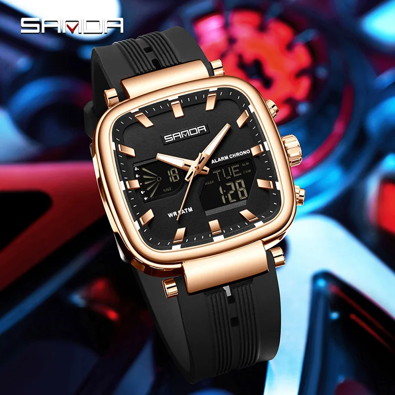 

SANDA6282 Dual Display Square Watch Men's Calendar Night Light Shockproof 5ATM Waterproof Trendy Business Leisure Sports Watch