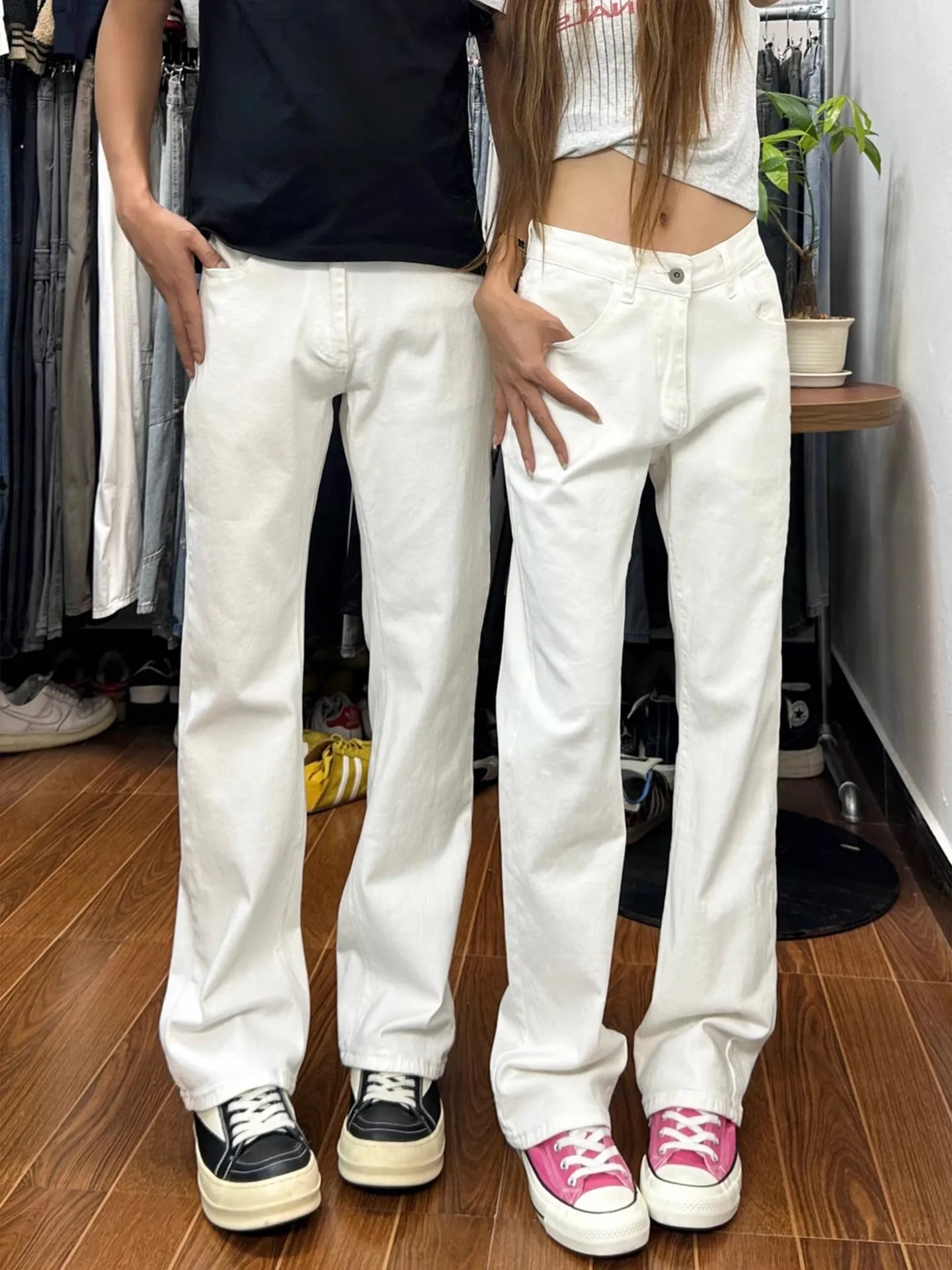 

Cleanfit White Bell Bot Jeans Men Women Autumn American High Street Slim Elastic Straight Knife Pants Youth Casual Denim