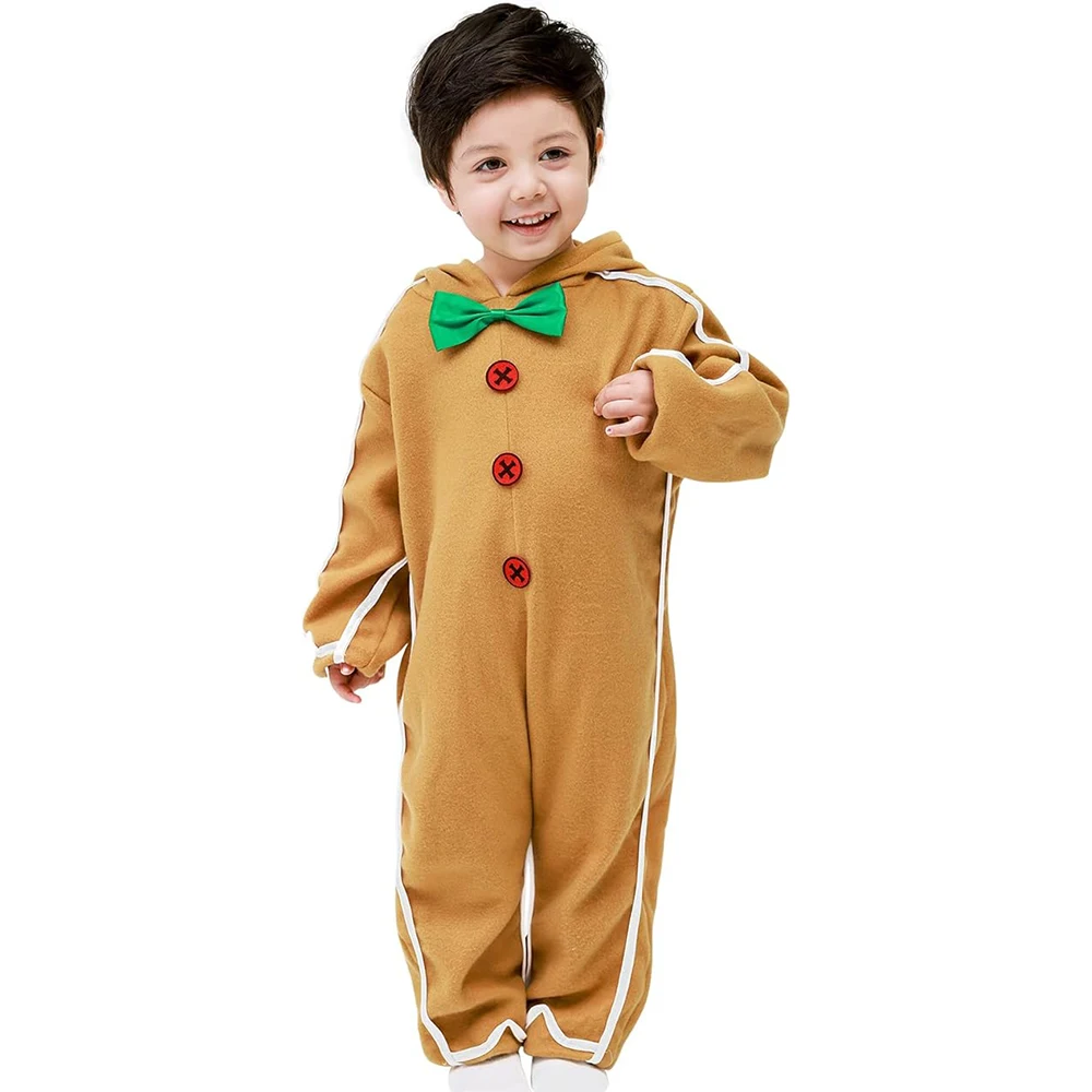 Xmas Gingerbread Man Kids Costume Cute Gingerbread Onesie Pajamas Kids Christmas Cosplay Party Novelty Clothing Holiday Gifts