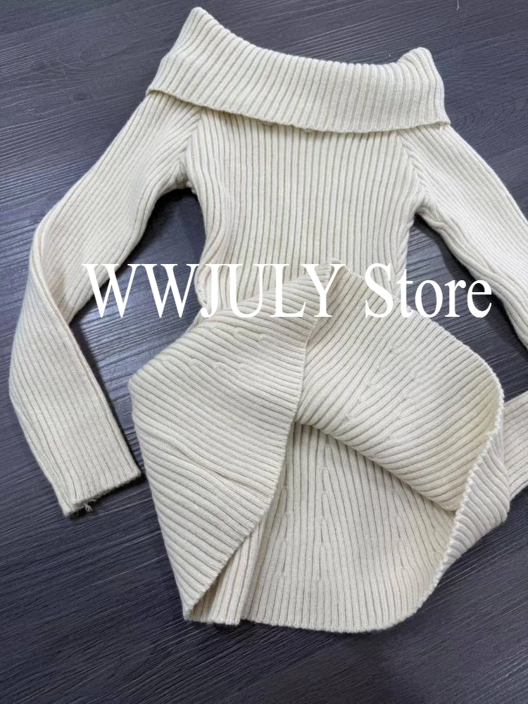 2024 Women Sweater Sweet Slash Neck Off Shoulder Ruffles Autumn Winter Slim Stretch Elegant Knitted Tops Ladies Pullover