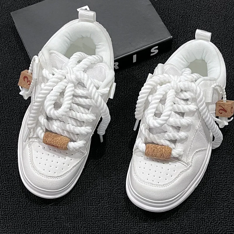 Fashionable White Sneakers with Thick Tongue, Large Size Shoes for Men, Breathable Couple Casual Versatile Stylish Men's Sneakers