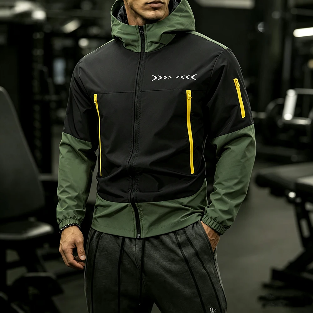 Men Windbreaker Contrast Hooded Jacket Geometric Crescent Print Yellow Zipper Pockets Full Zip Outerwear Hiking Camping Daily