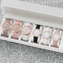 6PCS Fashion Women Watches Casual Leather Band Ladies Analog Quartz Watch Set Relogio Feminino Girls Clock(Without Box)