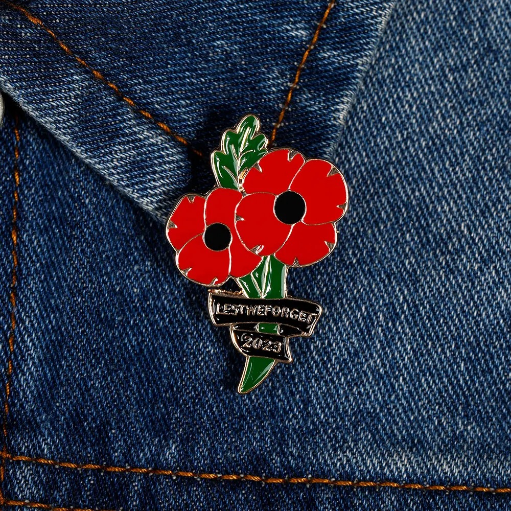 Wholesale Red Lest We Forget Poppy Flower Enamel Brooches War Memorial Day Lapel Pins For Backpack Bag Clothes Jewelry