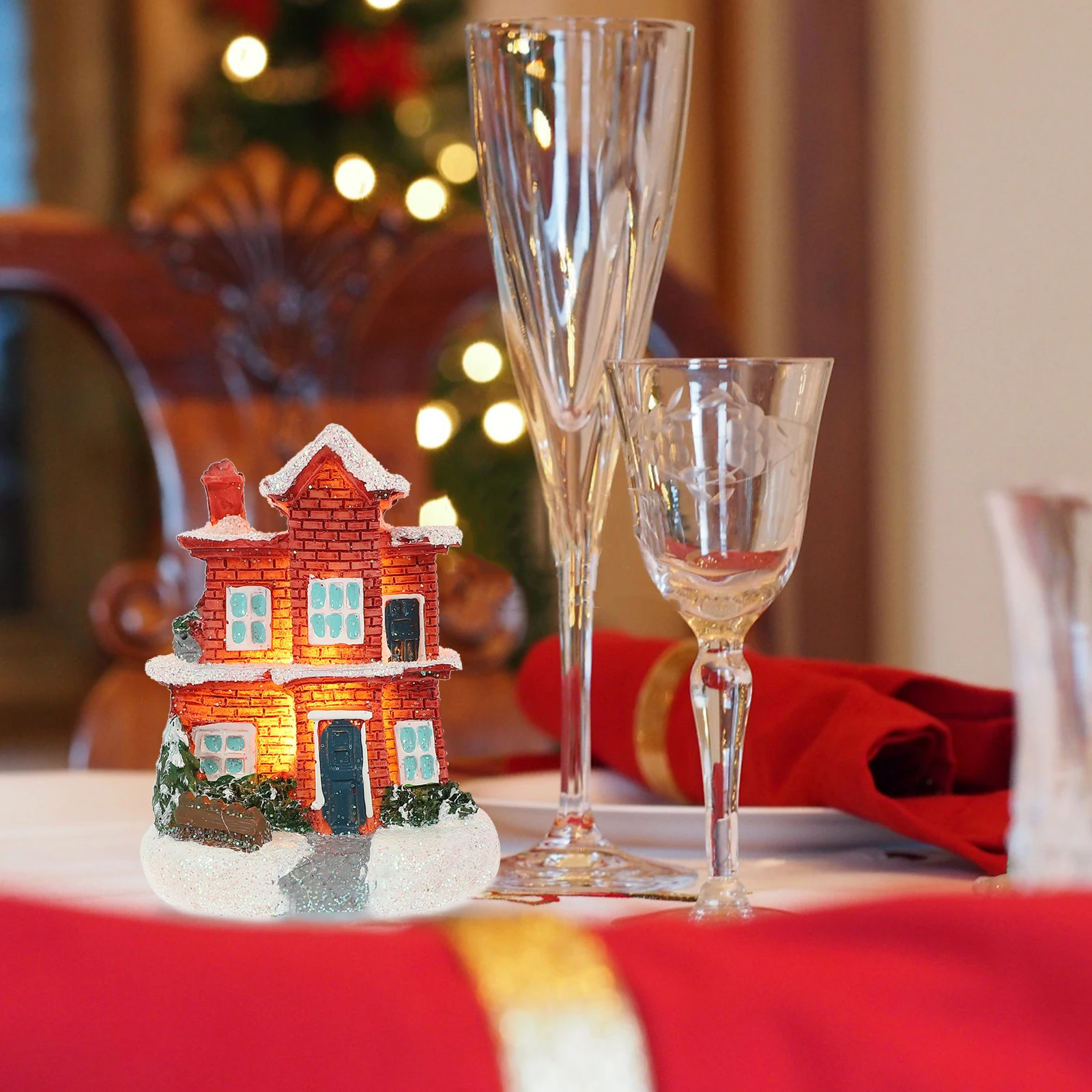 

Resin Mini House Luminous Christmas Decor Desktop Winter Scene Ornament Xmas Party Favors Micro Landscape Decoration