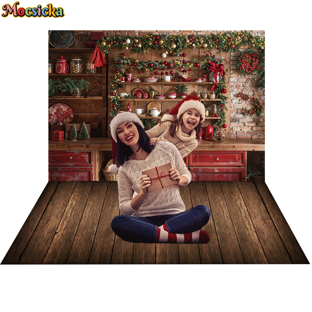 Mocsicka Winter Christmas Photography Background Red Kitchen Xmas Trees Child Family Portrait Decor Backdrop Photo Studio