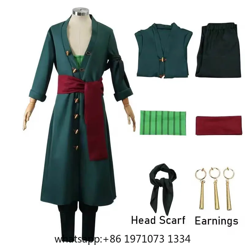 Roronoas Cosplay Costume Anime Kimono Robe Zoro Cloak Uniform Halloween Outfits With Earrings For Comic Con