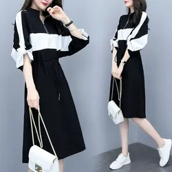 Fashion Contrasting Colors Spliced Casual Dress Women's Clothing Korean Zipper Loose Drawstring Waist Midi Dresses for Female