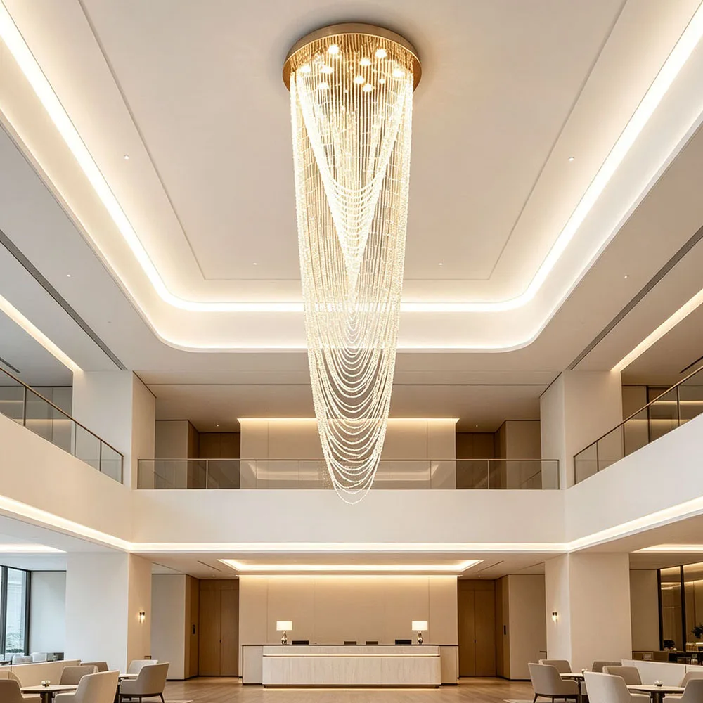 Modern Tapered Multi Layer Crystal Strand Pendant Light Long Vertical Ceiling Chandelier Loft Hall Hotel Entrance Decor Lamp