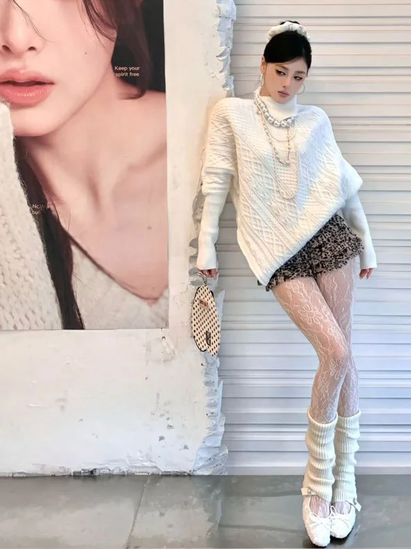 

Trendy Loose High Collar Twist Batwing Sve Sweater Comfortable Cotton Knitted Warmth Faionable Spring Autumn Women Top