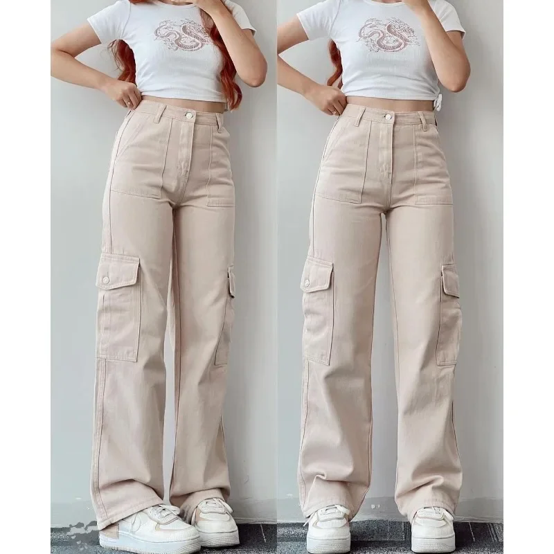 Pocket Trousers Tight Waist Overalls Solid Color Trend Casual Pants Women Mid-Waist Three-Dimensional Wide Leg Cargo Pants