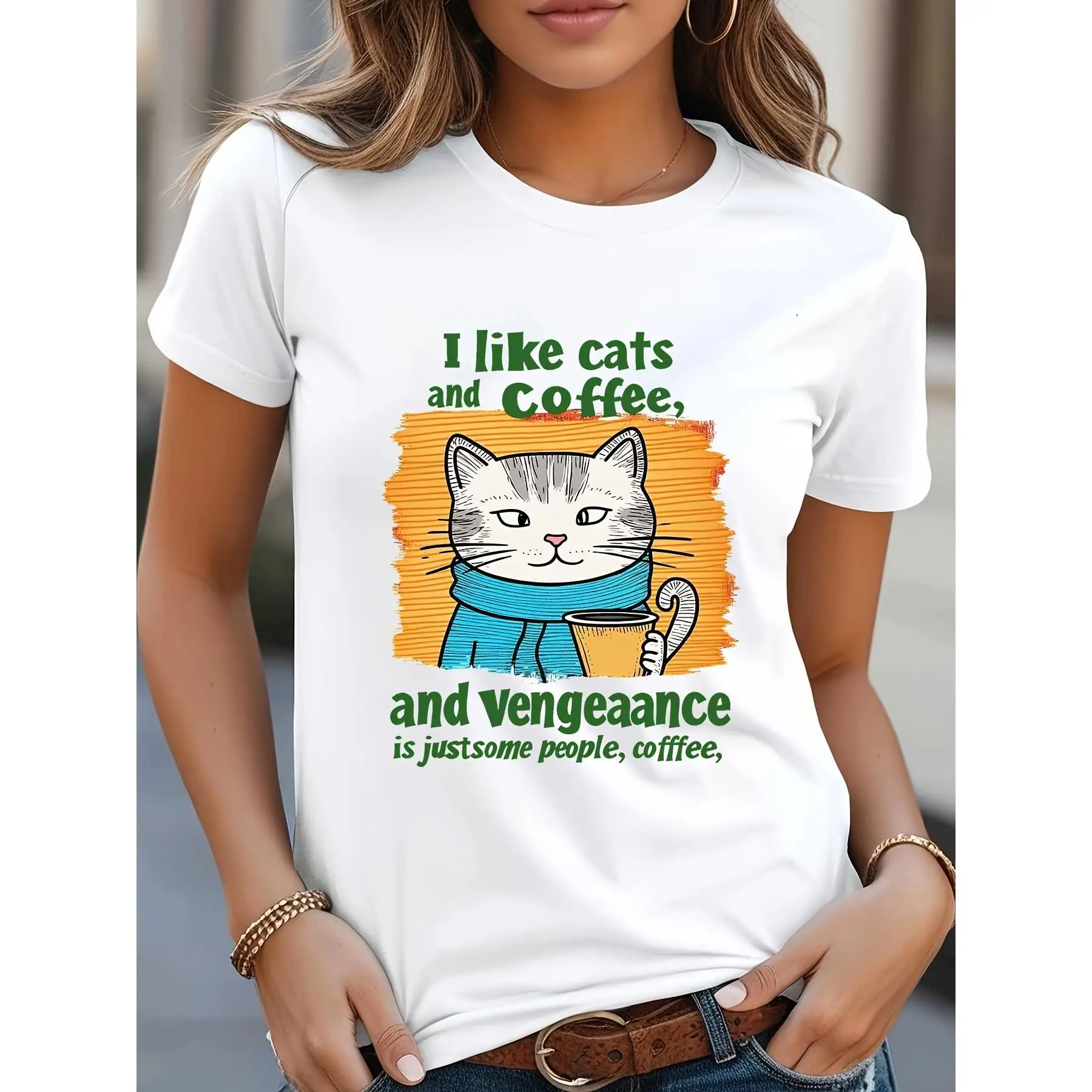 

Women's Funny Cat & Coffee T-Shirt | Sarcastic Kitty Quote Graphic Tee | Pet Lover Casual Gift Top