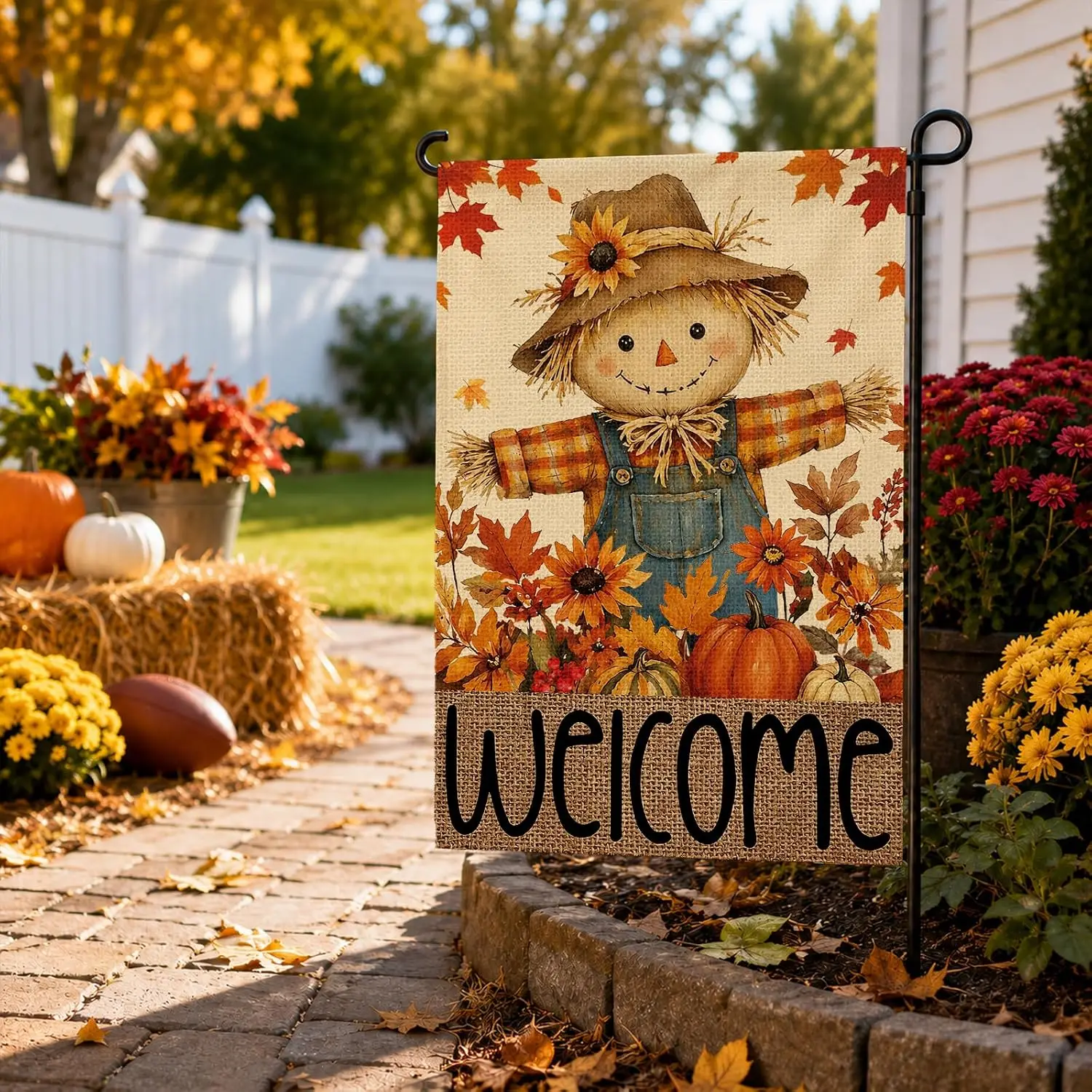 Louise Maelys Fall Garden Flag 12x18 Inch, Welcome Scarecrow Yard Flag Double Sided, Autumn Pumpkin Sunflower Outdoor Outsid yyi