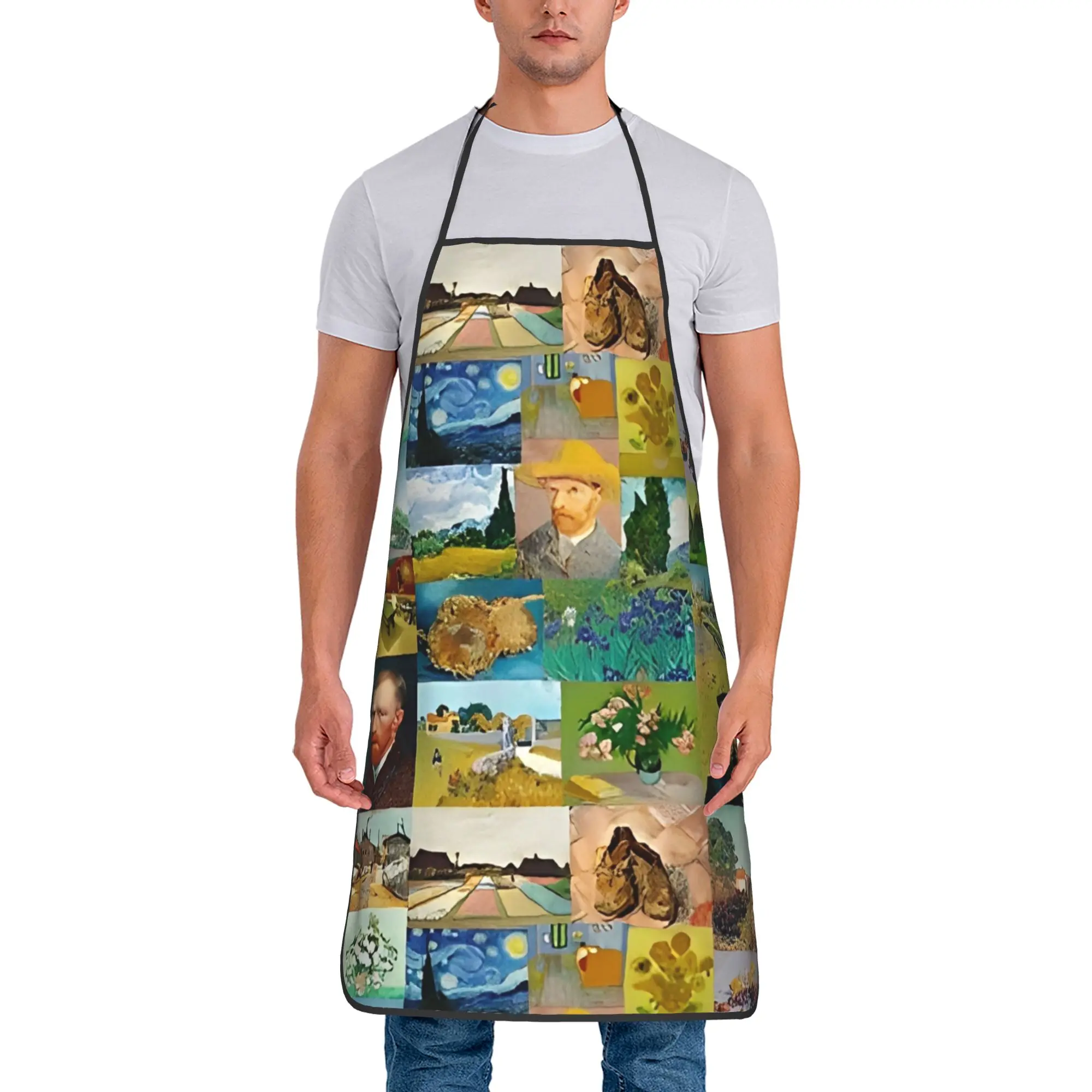 Van Gogh Art Oil Paintings Oil-Proof Bib Apron Thin Polyester Sunflowers Starry Night Kitchen Adult Women Men Picnic Pinafore
