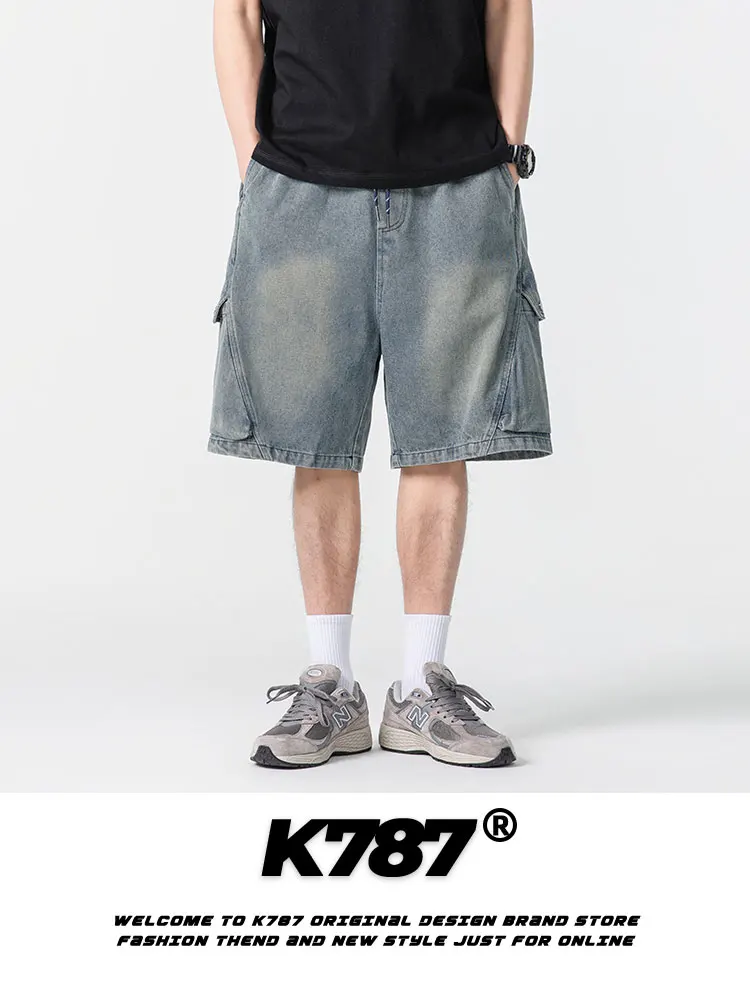 

K787 American Retro Hip Hop Men's Denim Shorts Casual Loose Multi Pocket Workwear Straight Leg mid Waist Cotton Polyester Ble...