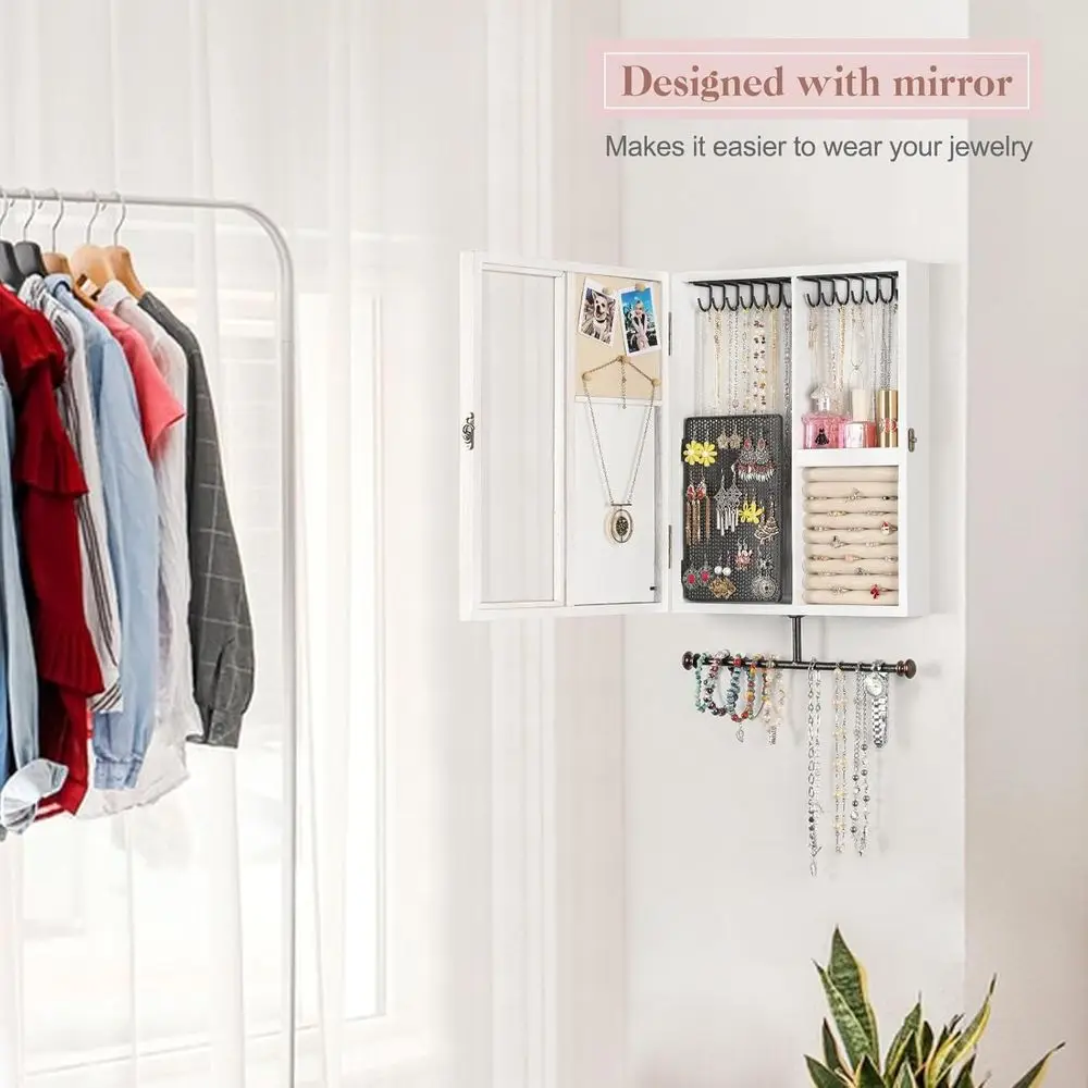 Rustikaler Wandschrank aus Holz mit Spiegel zur großen Schmuckaufbewahrung: Halsketten, Ohrringe, Armbänder, Ringe – Weiß