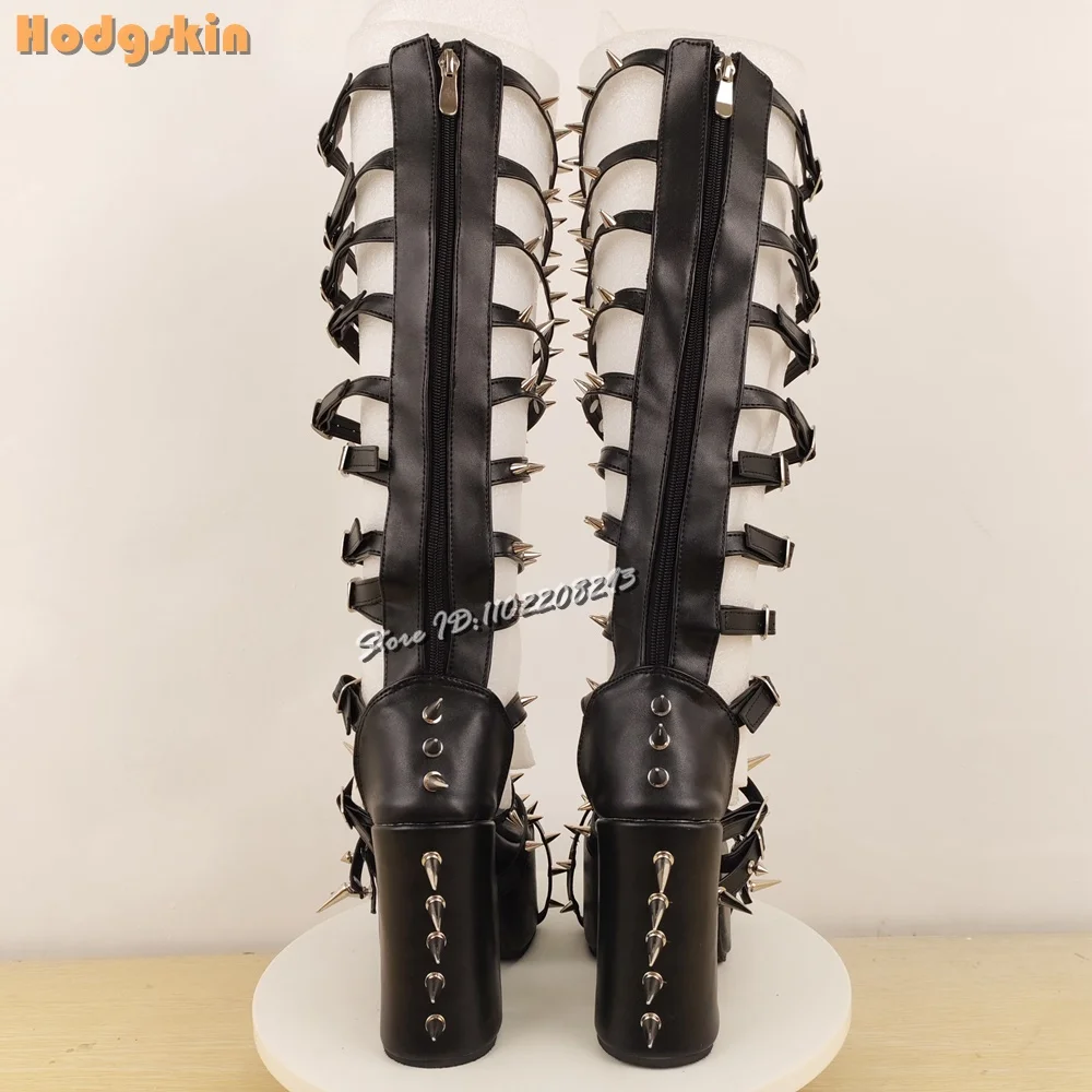 Sexy Spikes Knee-high Sandals Round Toe Rivet Straps Platform High Chunky Heels Side Zipper 2025 Summer Women Fashion Punk Shoes