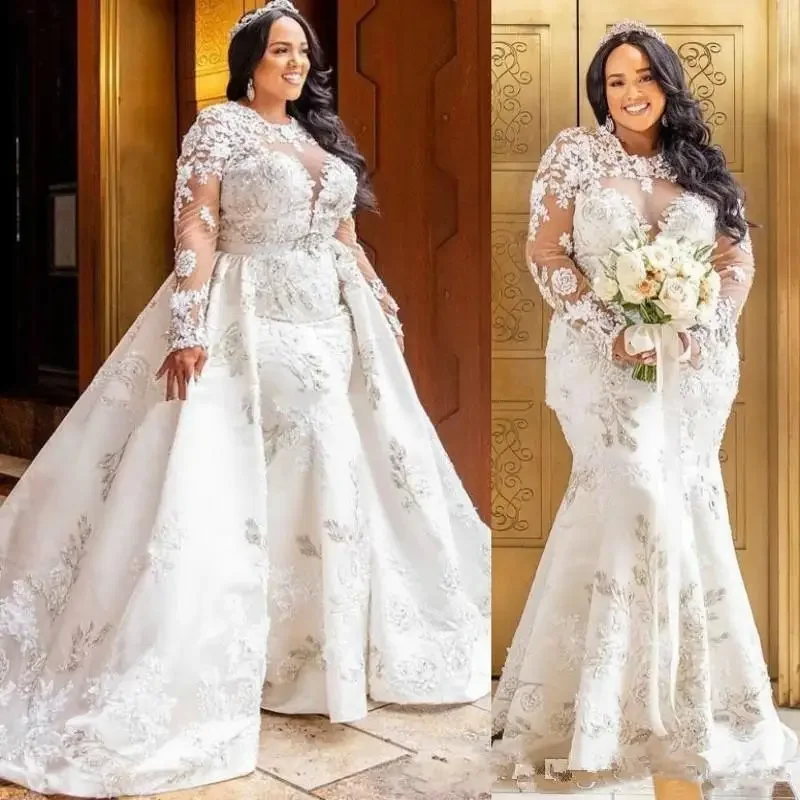 

Customized Plus Size African Mermaid Lace Wedding Dresses Detachable Skirt Long Sleeve Country Vestido De Novia Bride Dress Brid