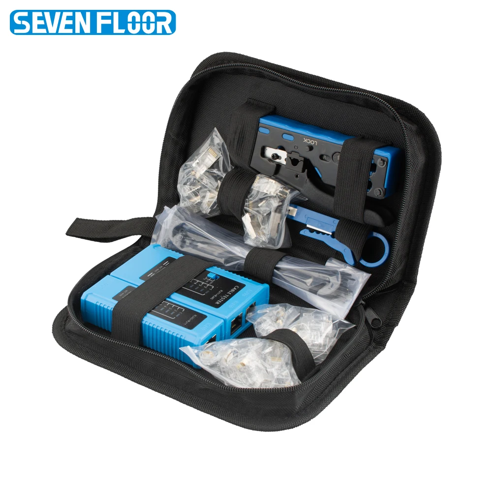 Pass Through RJ45 Crimping Tool Kit Cat7 Cat6 8P6P Network Cable Tester Modular Plugs Cable Ties Stripper with Tool Bag