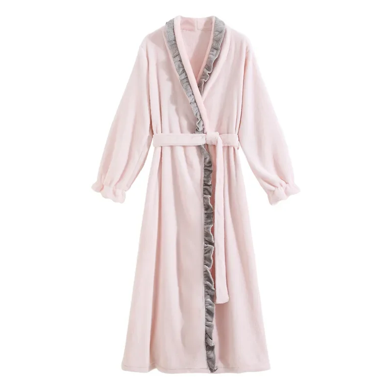 Pink Women Coral Velvet Pajamas Autumn Winter Long Sleeve Flannel Robe Dress Sweet French Vintage Princess Nightwear Sleepwear