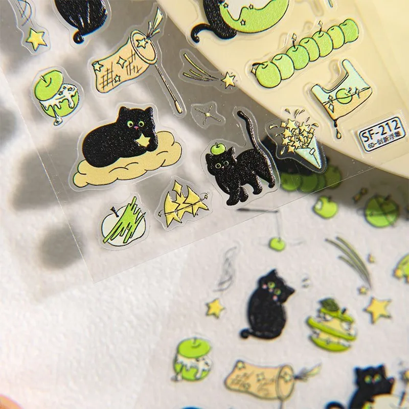 Green Apple Stars Cats Nail Stickers, 3D Embossed Cute Stereo Animal Nail Art Decals Self Adhesive Manicure Decor, Universal DIY