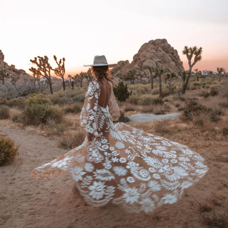 Robe de soirée bohème élégante pour femme, robe de Rhen dentelle florale vintage, col en V profond, manches longues, gaine féminine, mode