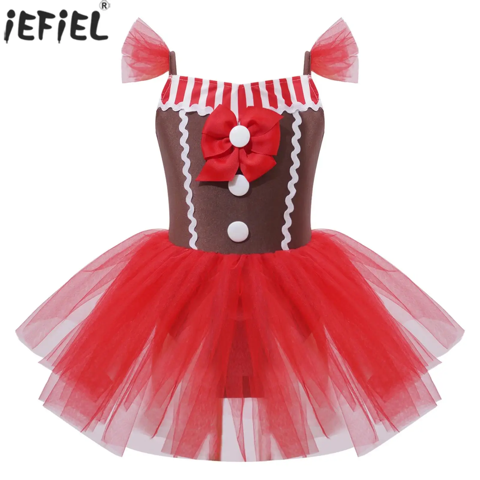 Kids Girls Christmas Gingerbread Cookie Costume Holiday New Year Party Xmas Santa Cami Dress Bowknot Striped Tutu Dress Bodysuit