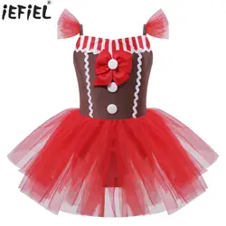 Kids Girls Christmas Gingerbread Cookie Costume Holiday New Year Party Xmas Santa Cami Dress Bowknot Striped Tutu Dress Bodysuit