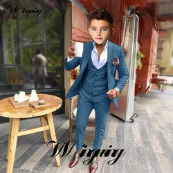 Blue 3 Piece Boys Suit Slim Fit Formal Jacket Vest Pants Kids Wedding Tuxedo High Quality Blazer for Child