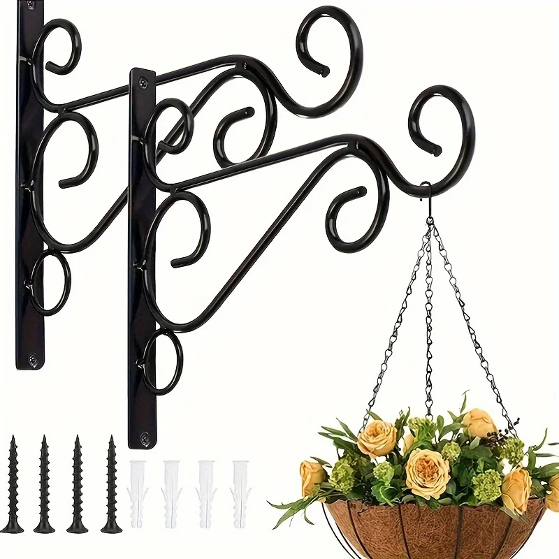 Buy 1 Get 1 Free, total of 2 pcs Rustic Wall Mounted Iron Plant Stand - Decorative Outdoor Flower Pot Hook with Screws, Bird