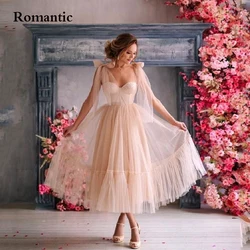 Romantic White Tulle Evening Dress Sweetheart Bow Spaghetti Strap Long Wedding Gowns Tea Length Gowns For Special Occasion 2022