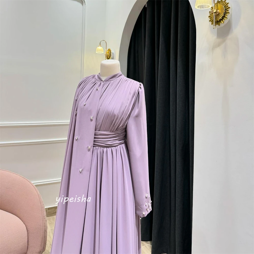 Gaun Prom Arab Saudi gaya Modern sederhana Formal malam kerah tinggi A-line gaun Prom Satin panjang Kelim menggantung