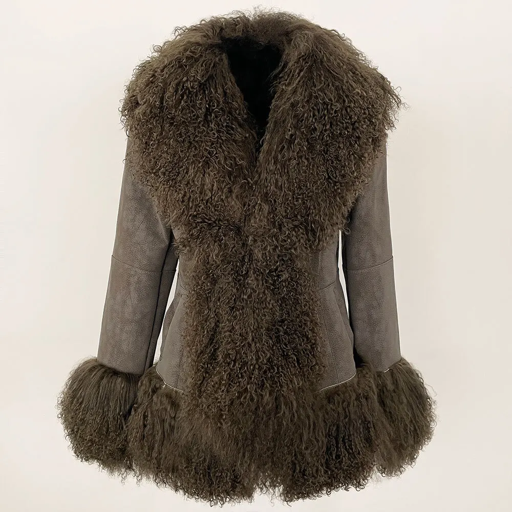 

Genuine Fur New Arrival Suede Rabbit Fur Integrated Fur Coat with Beach Wool Collar Winter Outwear
