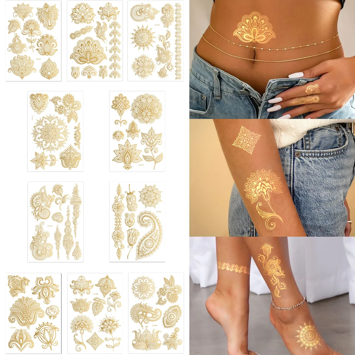 10 Sheets Gold Metallic Tattoo Sticker Glitter Totems Sticker for Women/Girls Dancer/Costume Party Lasting Fake Tattoo Body Art