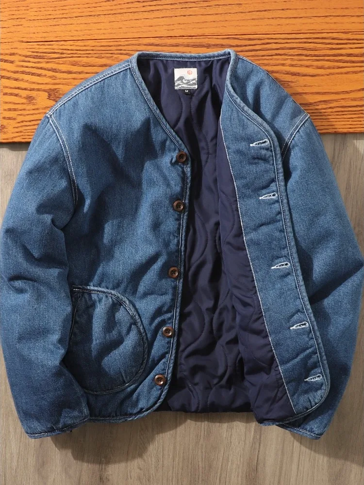 Winter Cotton Blue Denim Jacket For Men V-neck Quilted Male Thicken Jackets Japanese Casual Fashion Loose Warm Coat