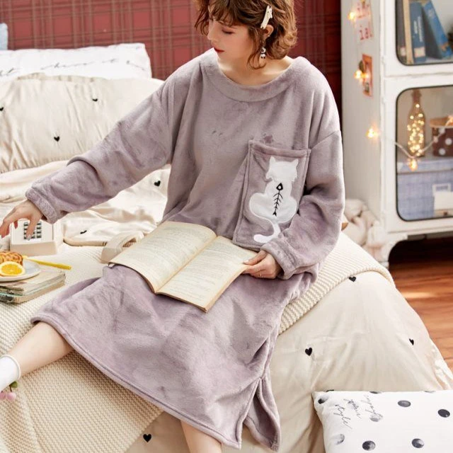 Women Flannel Velvet Nightdress Autumn Winter Thicken Warm Nightgown cartoon Sleepwear Comfortable Female Causal Home Clothes