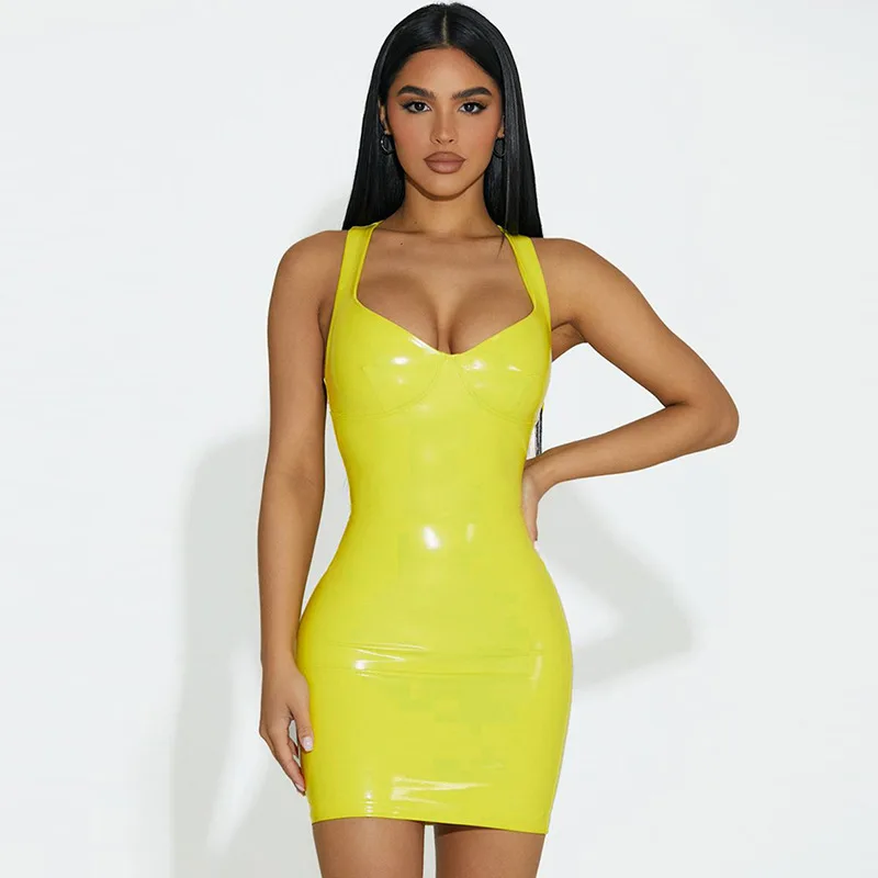 

2024 Summer New Fashionable And Sexy V-neck PU Shiny Face Look Slimming Waist Bag Hip Strap Dress Women's Dress