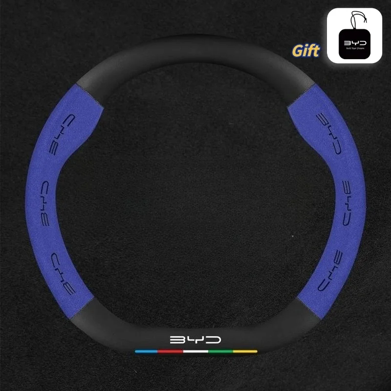 Sport PU Suede Steering Wheel Cover With BYD Logo For Atto 3 Seal Dolphin Han Tang Song Yuan Anti‑Slip Car Steering Protector