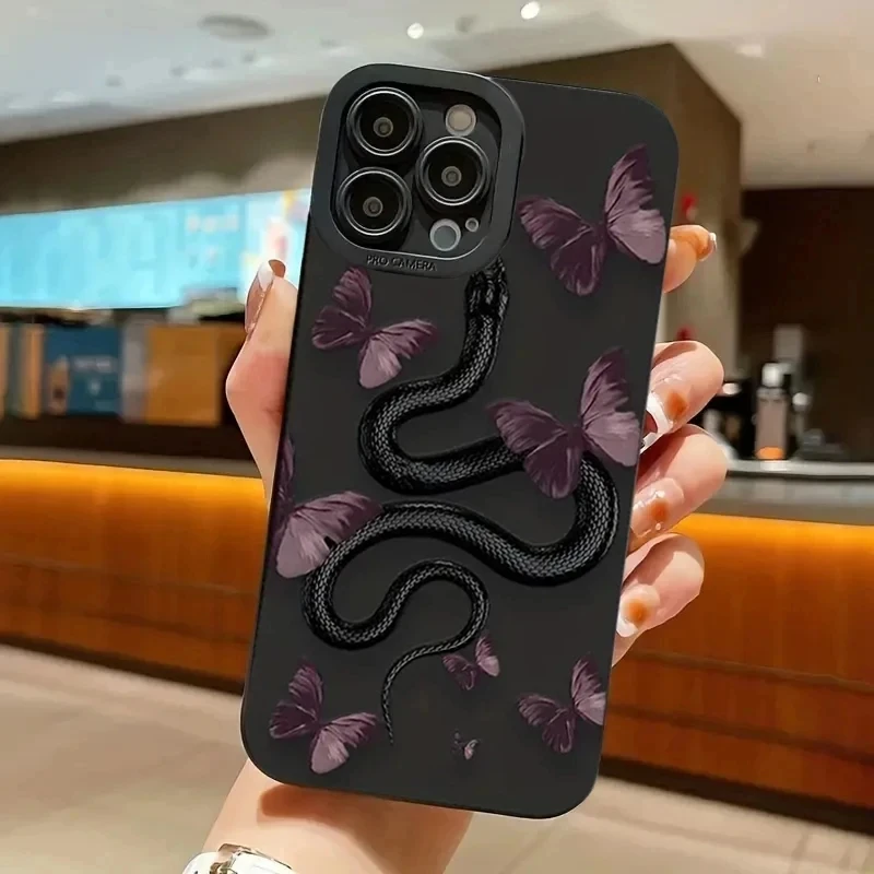 Black Snake Patterned Flower Print Phone Case For iPhone 16 15 14 13 12 11 Pro Max XR XS 7 8 Plus Y2K Anti Fall Cool Cover image 5
