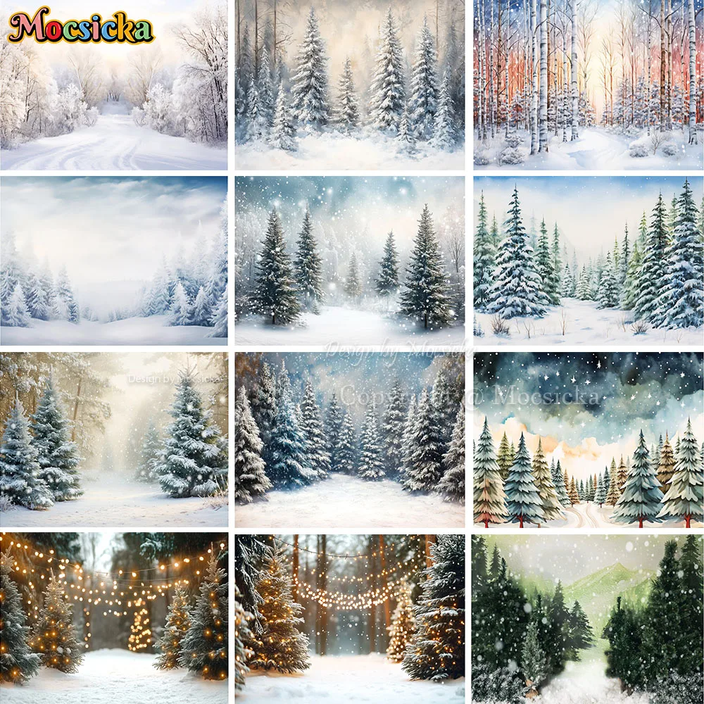 Mocsicka Winter Forest Christmas Photography Backdrop Snowy Scene Xmas Tree Glitter Lights Background Kids Family Photo Studio
