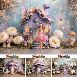 Forest Wonderland Background Photography For Girls Birthday Magic House Mushroom Butterfly Floral Backdrop Kid Cake Smash Studio