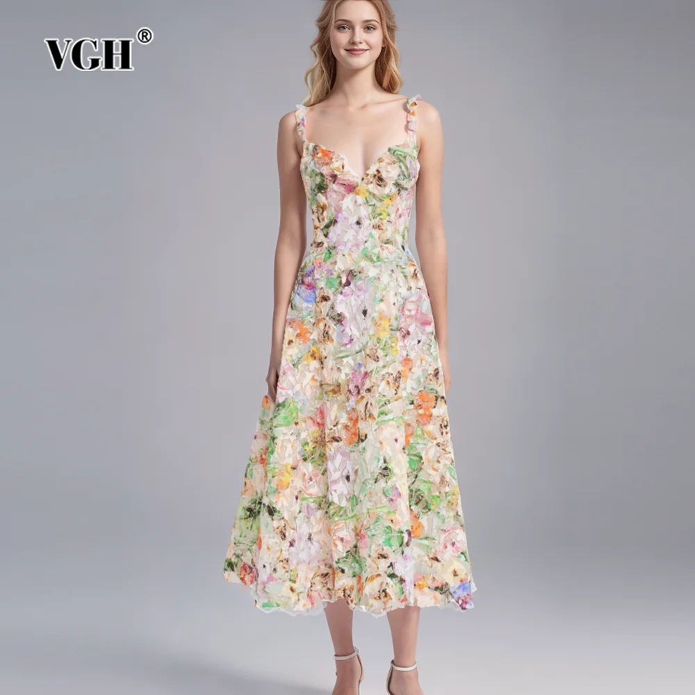 

VGH Hit Color Elegant Camisole Dresses For Women V Neck Sleeveless High Waist Spliceed Zipper Backless Long Dress Female Style