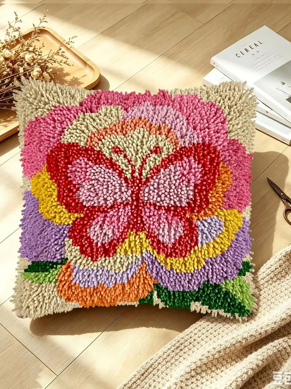 1 Set Großes Blumen-Schmetterlingsknoten-Kissen-Set mit Häkelhaken für Handarbeiten, Anfängerfreundliche DIY-Häkelsets – Detail 1