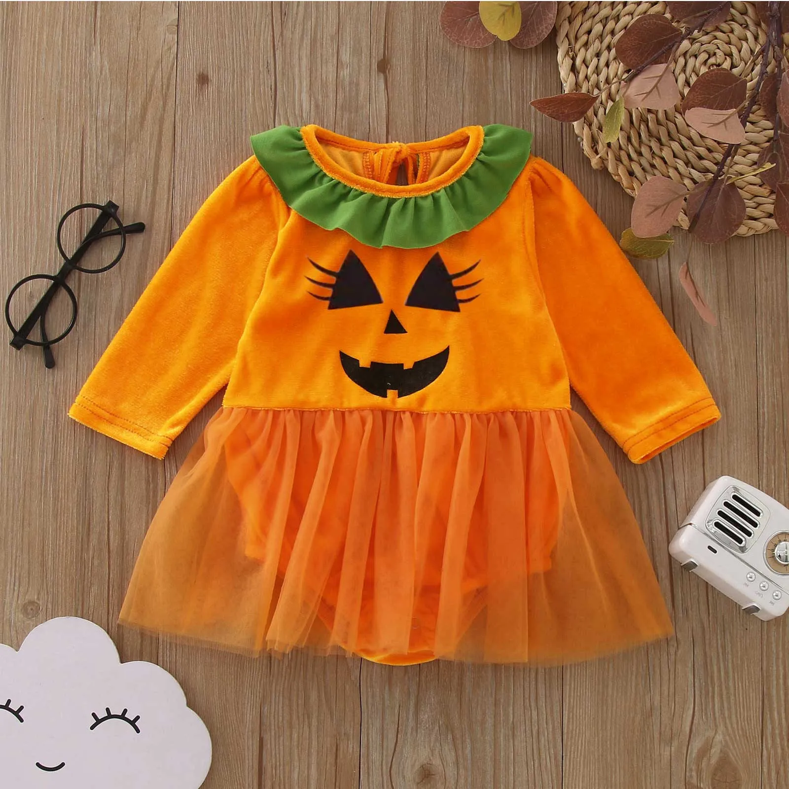 Halloween Cosplay Infant Girls Romper Dress Long Sleeve Pumpkin Prints Jumpsuits Newborn Bodysuit Tulle Dress Party Baby Clothes