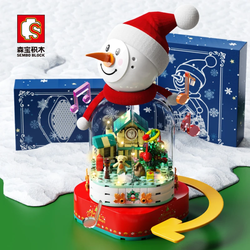 Sembo Weihnachten Spieluhr Bausteine Stadt Schnee haus Santa Claus Weihnachts dekoration Montage Ziegel Spielzeug DIY für Kind Geschenk